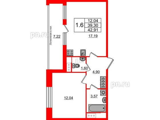 Квартира в ЖК «Сенат в Московском», 1 комнатная, 39.3 м², 8 этаж