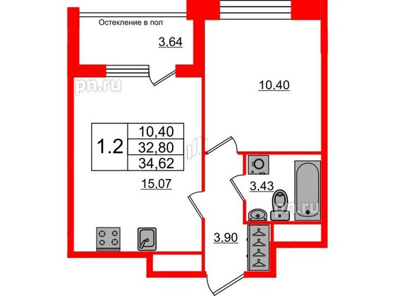 Квартира в ЖК «Сенат в Московском», 1 комнатная, 32.8 м², 1 этаж