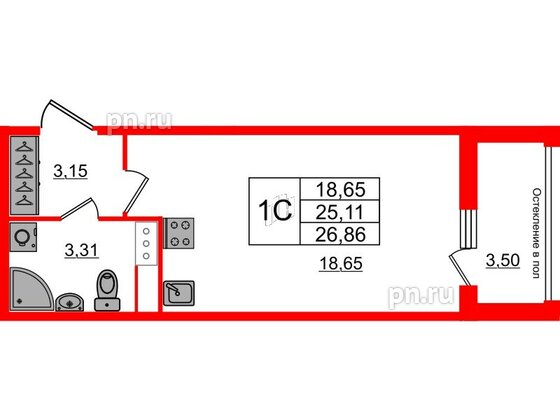 Квартира в ЖК «Сенат в Московском», студия, 25.11 м², 6 этаж