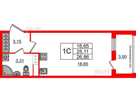 Квартира в ЖК «Сенат в Московском», студия, 25.11 м², 3 этаж