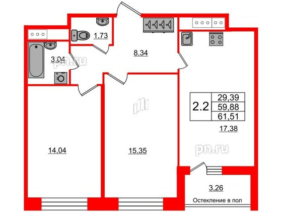 Квартира в ЖК «Сенат в Московском», 2 комнатная, 59.88 м², 7 этаж