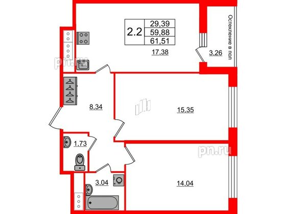 Квартира в ЖК «Сенат в Московском», 2 комнатная, 59.88 м², 10 этаж