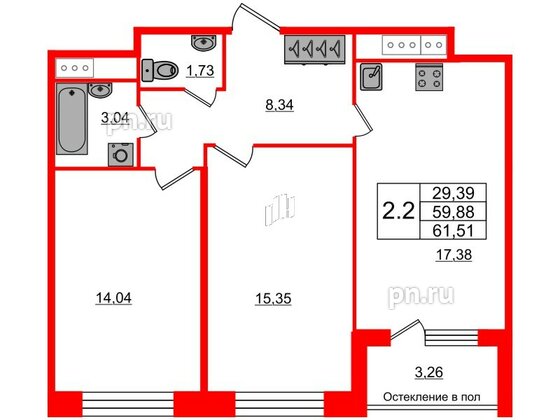 Квартира в ЖК «Сенат в Московском», 2 комнатная, 59.88 м², 2 этаж