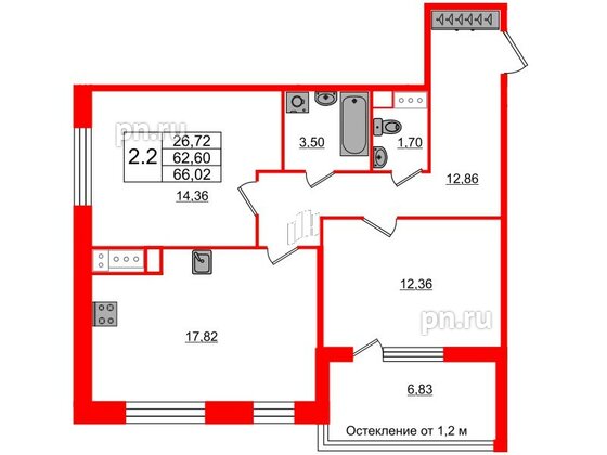 Квартира в ЖК «Сенат в Московском», 2 комнатная, 62.6 м², 6 этаж