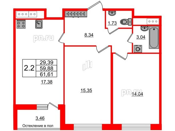 Квартира в ЖК «Сенат в Московском», 2 комнатная, 59.88 м², 10 этаж