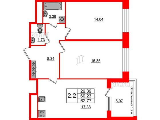 Квартира в ЖК «Сенат в Московском», 2 комнатная, 60.23 м², 1 этаж