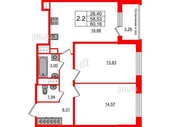 Квартира в ЖК «Сенат в Московском», 2 комнатная, 58.53 м², 2 этаж