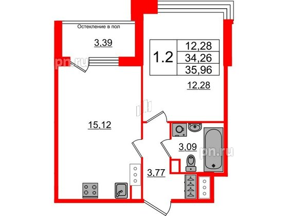 Квартира в ЖК «Сенат в Московском», 1 комнатная, 34.26 м², 2 этаж