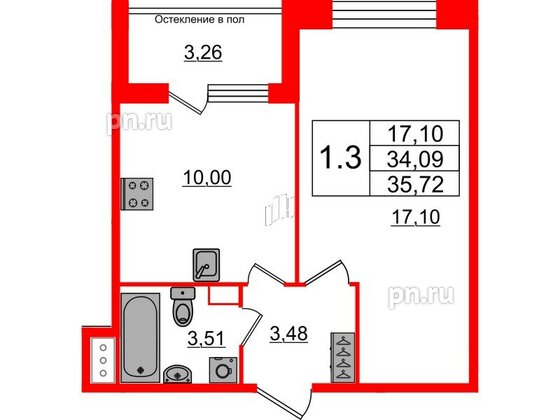 Квартира в ЖК «Сенат в Московском», 1 комнатная, 34.09 м², 2 этаж