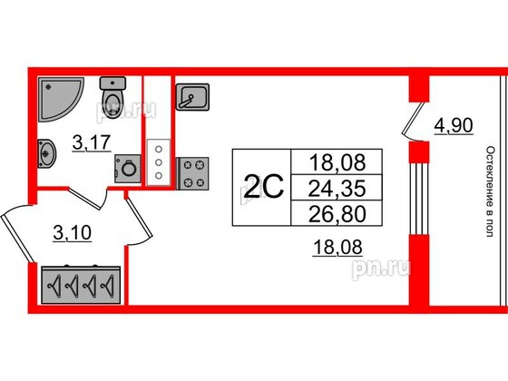 Квартира в ЖК «Сенат в Московском», студия, 24.35 м², 9 этаж