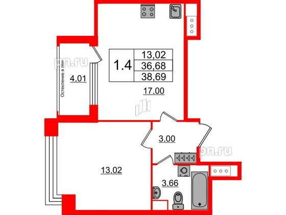 Квартира в ЖК «Сенат в Московском», 1 комнатная, 36.68 м², 2 этаж