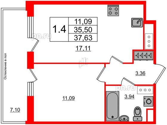 Квартира в ЖК «Сенат в Московском», 1 комнатная, 35.5 м², 12 этаж