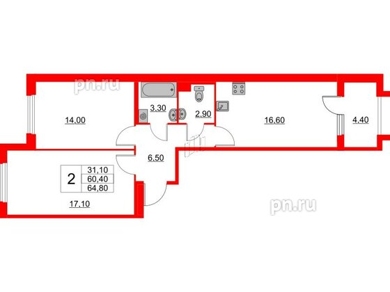 Квартира в ЖК Югтаун, 2 комнатная, 60.4 м², 1 этаж