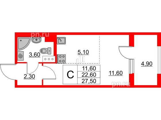 Квартира в ЖК Югтаун, студия, 22.6 м², 4 этаж