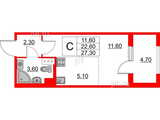 Квартира в ЖК Югтаун, студия, 22.6 м², 3 этаж