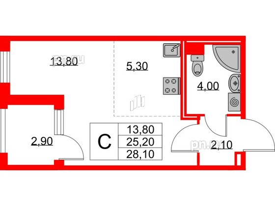 Квартира в ЖК Югтаун, студия, 25.2 м², 2 этаж