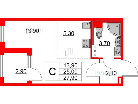 Квартира в ЖК Югтаун, студия, 25 м², 3 этаж