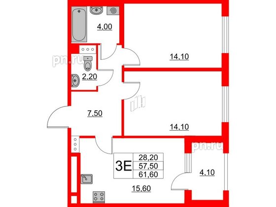 Квартира в ЖК Югтаун, 2 комнатная, 57.5 м², 4 этаж