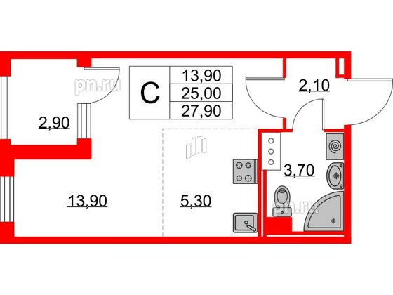 Квартира в ЖК Югтаун, студия, 25 м², 4 этаж