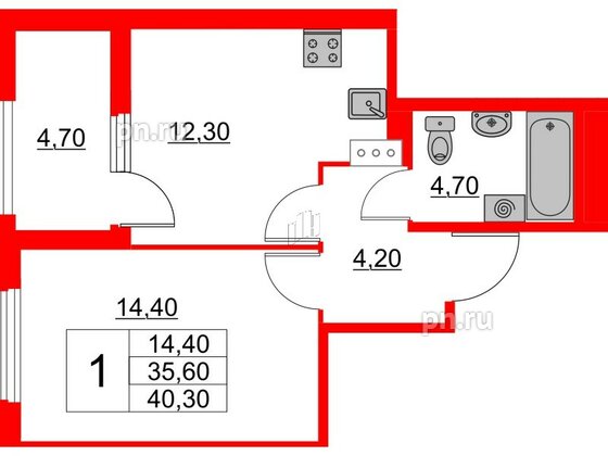 Квартира в ЖК Югтаун, 1 комнатная, 35.6 м², 2 этаж