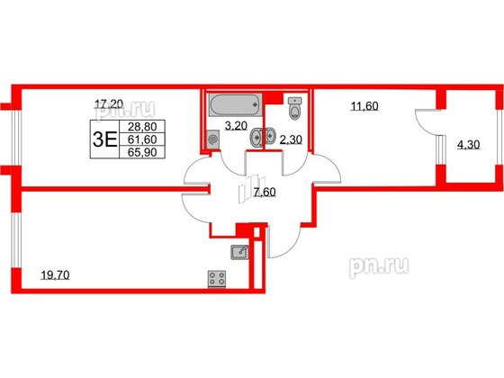 Квартира в ЖК Югтаун, 2 комнатная, 61.6 м², 1 этаж