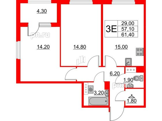 Квартира в ЖК Югтаун, 2 комнатная, 57.1 м², 2 этаж