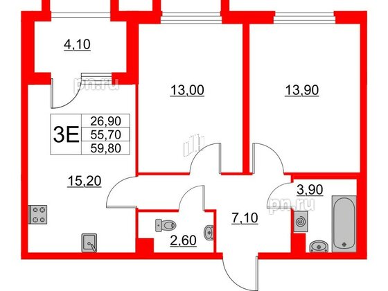 Квартира в ЖК Югтаун, 2 комнатная, 55.7 м², 1 этаж