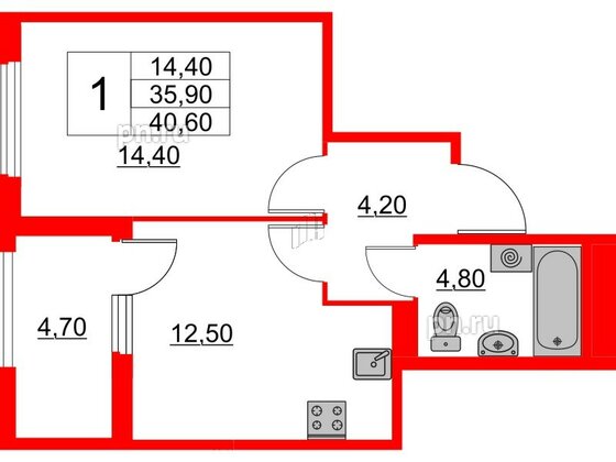 Квартира в ЖК Югтаун, 1 комнатная, 35.9 м², 1 этаж