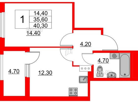 Квартира в ЖК Югтаун, 1 комнатная, 35.6 м², 2 этаж