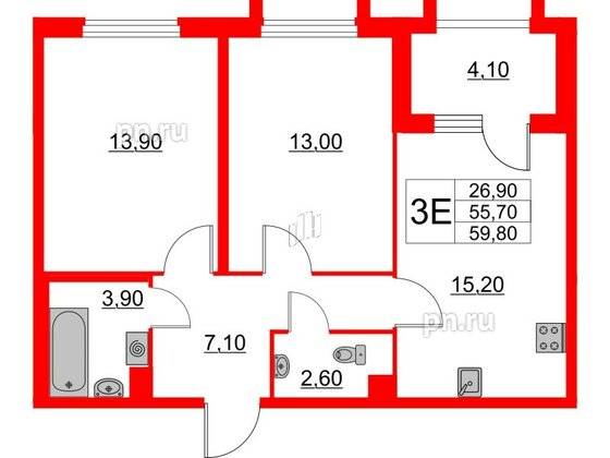 Квартира в ЖК Югтаун, 2 комнатная, 55.7 м², 1 этаж