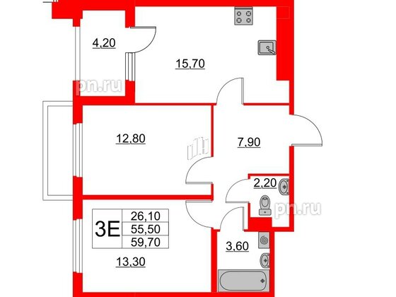 Квартира в ЖК Югтаун, 2 комнатная, 55.5 м², 1 этаж