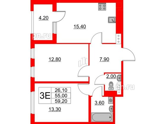 Квартира в ЖК Югтаун, 2 комнатная, 55 м², 5 этаж