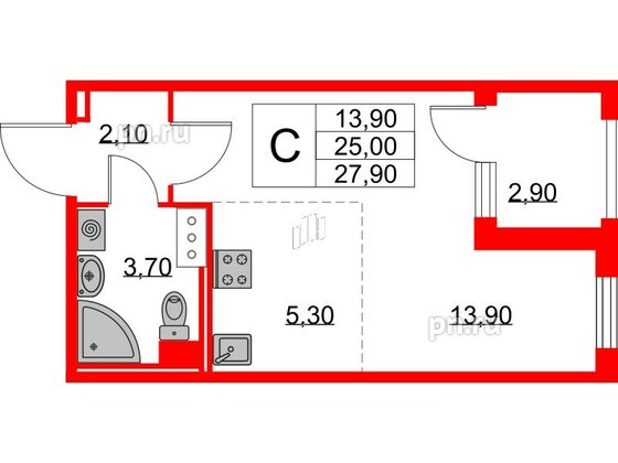 Квартира в ЖК Югтаун, студия, 25 м², 3 этаж