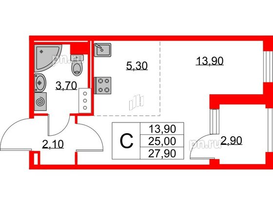 Квартира в ЖК Югтаун, студия, 25 м², 3 этаж