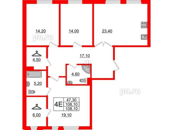 Квартира в ЖК Domino Premium, 3 комнатная, 108.3 м², 2 этаж