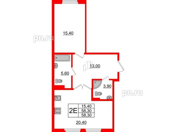 Квартира в ЖК Domino Premium, 1 комнатная, 58.1 м², 1 этаж