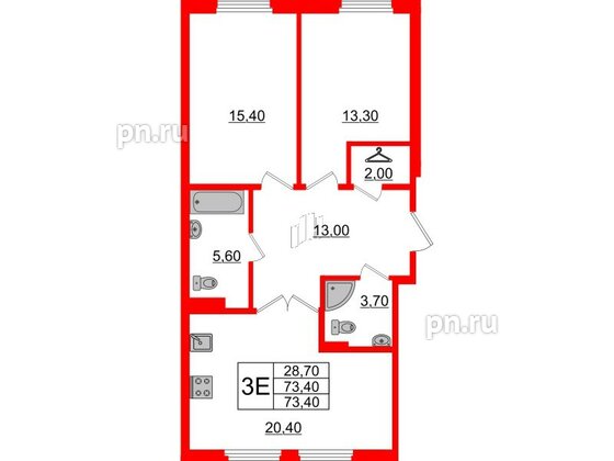 Квартира в ЖК Domino Premium, 2 комнатная, 73.6 м², 2 этаж