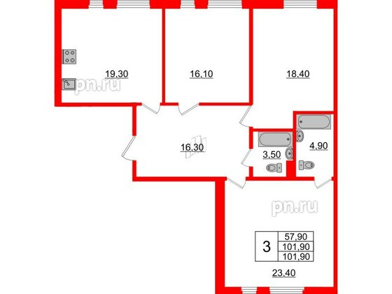 Квартира в ЖК Domino Premium, 3 комнатная, 102.1 м², 3 этаж