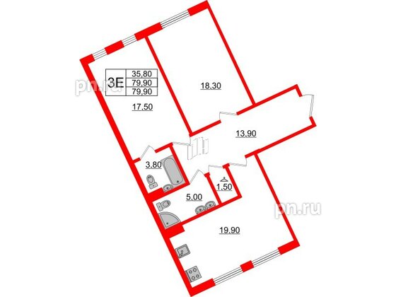 Квартира в ЖК Domino Premium, 2 комнатная, 80.1 м², 3 этаж