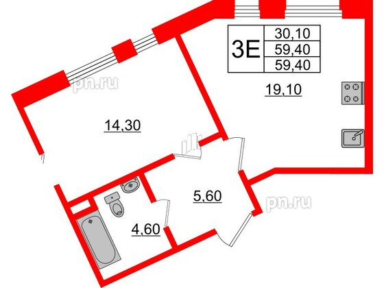 Квартира в ЖК Domino Premium, 2 комнатная, 59.3 м², 1 этаж