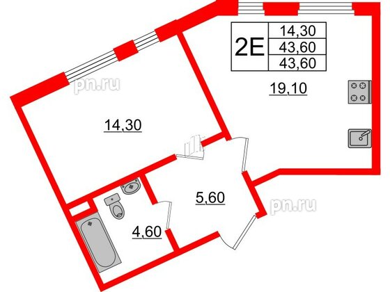 Квартира в ЖК Domino Premium, 1 комнатная, 43.8 м², 4 этаж