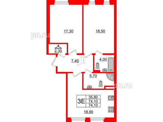 Квартира в ЖК Domino Premium, 2 комнатная, 74.2 м², 1 этаж