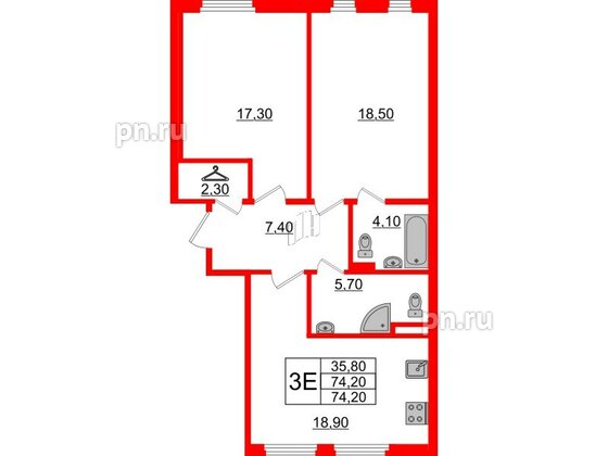 Квартира в ЖК Domino Premium, 2 комнатная, 74.2 м², 2 этаж