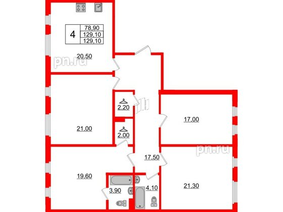 Квартира в ЖК Domino Premium, 4 комнатная, 129.5 м², 3 этаж