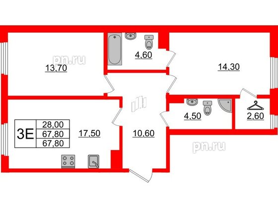 Квартира в ЖК Domino Premium, 2 комнатная, 68.1 м², 6 этаж