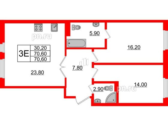 Квартира в ЖК Domino Premium, 2 комнатная, 70.4 м², 3 этаж