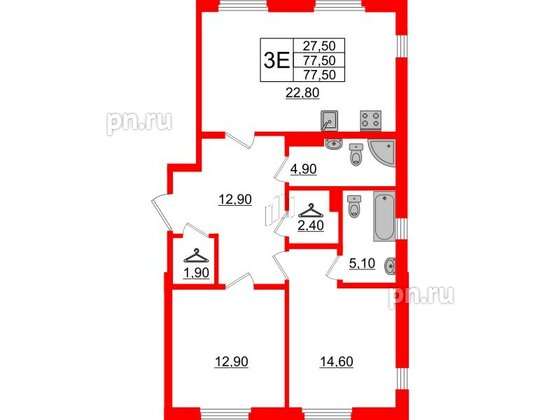 Квартира в ЖК Domino Premium, 2 комнатная, 77.5 м², 3 этаж