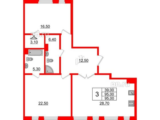 Квартира в ЖК Domino Premium, 2 комнатная, 95.1 м², 3 этаж