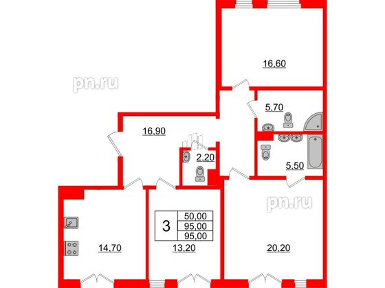 Квартира в ЖК Domino Premium, 3 комнатная, 94.8 м², 2 этаж