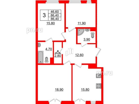 Квартира в ЖК Domino Premium, 3 комнатная, 86.6 м², 2 этаж